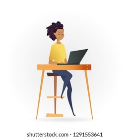 Freelancer Woman Working by Computer on Table. Successful Female Character Sitting on High Chair or Stool. Young Calm Freelance Worker with Laptop on Desk. Flat Cartoon Vector Illustration