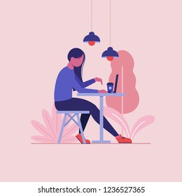 Freelancer Woman Is Working At Her Laptop In Cafe Flat Vector Concept.