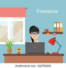 Freelancer woman  working at her office desk. Home workplace. Flat style vector illustration.