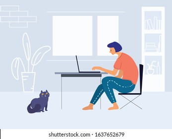 freelancer woman working at home with a cat