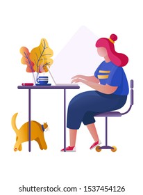 Freelancer woman working at home office. Character typing at computer. The girl sits on a chair at the table and does business online on a laptop. Vector illustration.