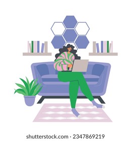 Freelancer woman working from home vector illustration.