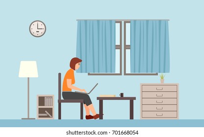 Freelancer woman working on computer at home in flat icon design background 