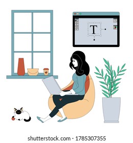 Freelancer woman is working on her laptop at home. Vector illustration isolated on white background. 