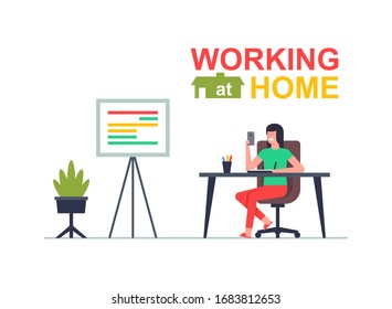 Freelancer Woman working on his phone. Working at home. Flat Style