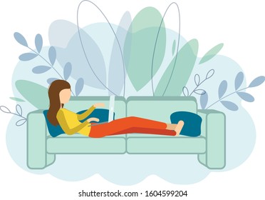 Freelancer. Woman working on a laptop. Girl working from home. Icon concept. Woman is laying on a sofa with laptop.