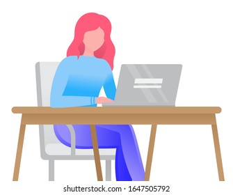 Freelancer woman working on laptop completing tasks. Isolated worker of company dealing with development of organization. Manager or student looking at screen of computer, vector illustration