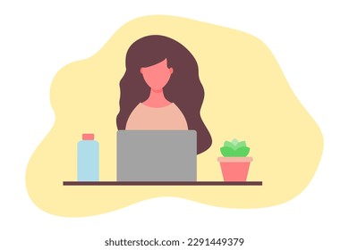 Freelancer woman working on a laptop. Table with a succulent plant and a bottle of water. Working at home. Remote work, home office, programming. Cozy interior. Flat character vector illustration.  