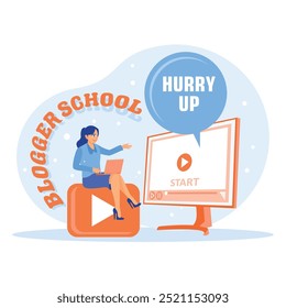 Freelancer woman working on laptop. Online blogger school for E-learning. E-learning concept. Flat vector illustration.