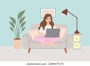 Freelancer Woman Working on Laptop at Home - Cozy Remote Work Illustration