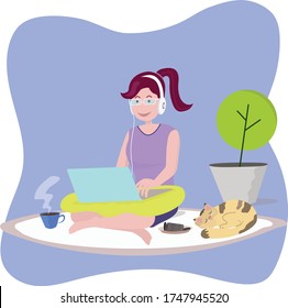 Freelancer woman working online at home during COVID-19 quarantine. Girl sit on the carpet with the laptop and headphones, coffee, cat is sleeping. Daily life of freelance worker vector illustration