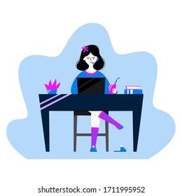 A freelancer woman working, studying at home, character sitting at the desk with laptop, microphone and holding a cup - Home office workplace - Vector illustration, flat style