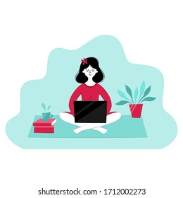 A freelancer woman working, studying at home, character sitting on floor with laptop - Elements of cup, books, plant - Home office workplace - Vector illustration, flat style