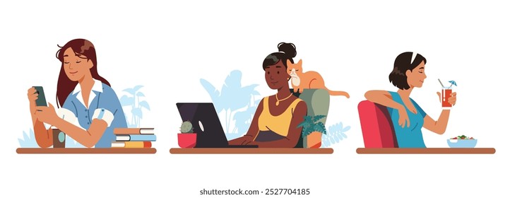 Mulheres Freelancer trabalhando em casa. Pessoas relaxadas bebem coquetel, sentam-se à mesa usando computador portátil, smartphone para trabalho freelance. Distância local de trabalho, estilo de vida doméstico plana vetor ilustração