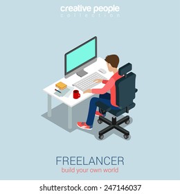 Freelancer At Work Flat 3d Web Isometric Infographic Concept Vector. Build Your Own World Creative People Collection.