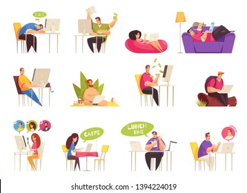 Freelancer at work flexible remote home traveling relaxing on beach icons big set flat cartoon vector illustration