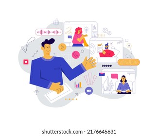 Freelancer work and holding a video conference with collegges from home. Friends video meeting. Work from home online, creative space, self-isolation. Vector illustration