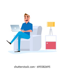Freelancer work at home concept. Man working at home with laptop on sofa. Cartoon Vector Illustration.