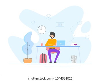 Freelancer work at home or office with the computer, laptop. Remote work. Vector illustration	