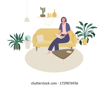 Freelancer work from home. Young woman sitting on sofa with laptop.