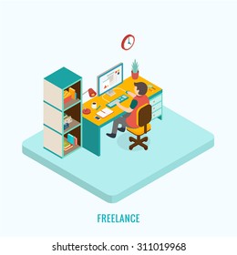 Freelancer at work. Isometric 3D concept, vector illustration