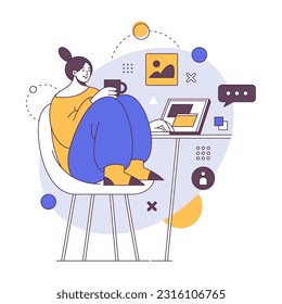 Freelancer work on computer with cup of coffee. Freelancer working on laptop, worker on quarantine, online job. Vector illustration of programming employer, relaxed person on workplace