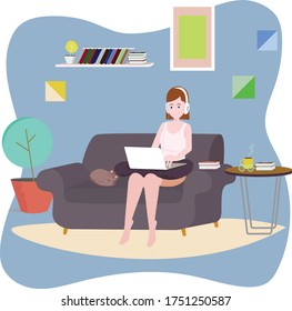 Freiberufler arbeiten zu Hause online in Begleitung einer Katze. Mädchen sitzen auf dem Sofa mit dem Laptop, Kopfhörer, Bücher. Frau oder Studentin, die studiert und sich auf die Prüfung vorbereitet. Flacher Cartoon, Vektorgrafik.