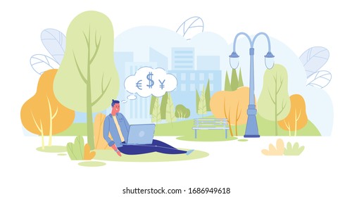 Freelancer Work in Relaxed Atmosphere in Park. Man Conveniently Located on Lawn, Thinking about Making Money. He Work in Laptop, Sitting Under Large Tree. On other Side Path Bench and High Lantern.