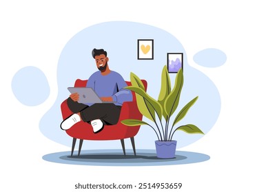 Trabaja de forma remota. Hombre con el ordenador portátil se sienta en la silla. Trabajador remoto con ganancias en internet. Tipo con trabajo en línea. Cómodo lugar de trabajo. Ilustración vectorial plana aislada sobre fondo blanco