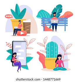 Freelancer Work and Rest Flat Cartoon Metaphor Set. Bearded Man Sitting and Typing on Laptop or Watching Video Tutorial. Woman Chatting Socia Network on Phone or Meditating. Vector Illustration