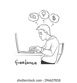 freelancer at work - sitting at computer and working on freelance project, simple illustration