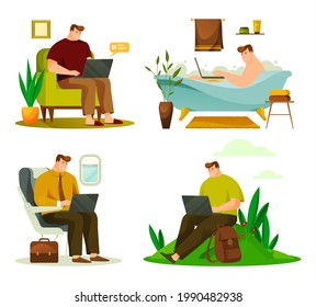 Espacio de trabajo independiente, hombre de artón trabajando a distancia