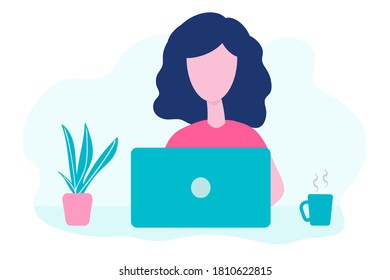 Freelancer at work, working from remote. Woman sitting at a desk with a laptop and coffee cup. Concept of online work, online education. Vector illustration in flat style.