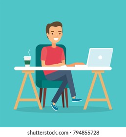 Freelancer at work, working from remote. Young man sitting at a desk with a laptop and coffee cup. Vector illustration in flat style