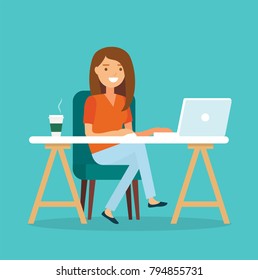 Freelancer at work, working from remote. Young woman sitting at a desk with a laptop and coffee cup. Vector illustration in flat style