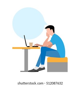 Freelancer at work. The young man sits at a table working at a laptop. Vector illustration.