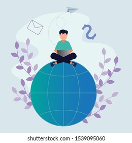 Freelancer worker with a laptop sitting on a globe. Flowers and paper airplanes. A letter. Vector flat illustration 