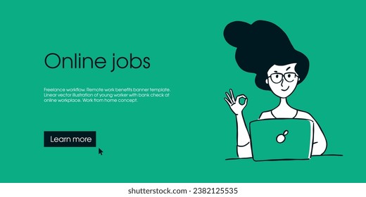 Freelancer workflow. Remote work benefits banner template. Linear vector illustration of young worker with laptop at online workplace. Work from home concept.