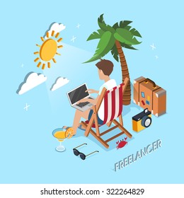 Freelancer Working At The Beach In 3d Isometric Flat Design