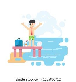 Freelancer working at the beach in flat design. Vector illustration
