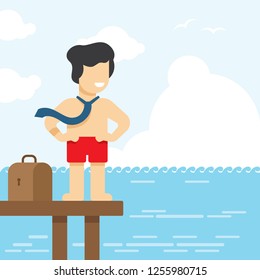 Freelancer working at the beach in flat design. Vector illustration