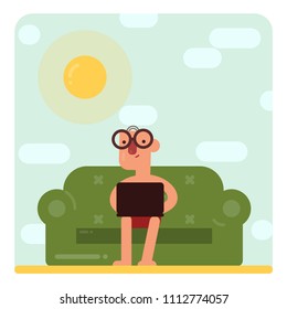 A freelancer working at the beach on sofa. Funny vector illustration