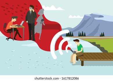 Freelancer working by the beach, sitting on a pier and connect remotely to workmates.