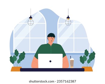 Freelancer working in cafe, ordering favorite drink as usual, coffee shop vector illustration.