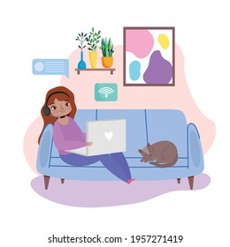 freelancer working with cat on sofa