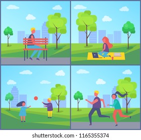 Freelancer working in city park surrounded by trees and grass. Children playing ball games, running male female keeping fit. Town skyscrapers vector