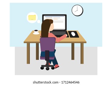 Freelancer is working with a computer. Employee is working from home. Vector.