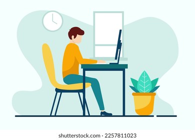 Freelancer working at the computer. Flat design vector illustration.