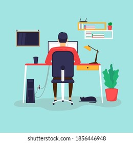 freelancer working at computer, working at home isolated flat design illustrator, Study at home