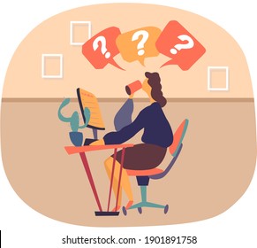 Freelancer working with computer at home remotely. Female character sitting at workplace and doing her work. Employee makes notes. Woman is drinking coffee and looking at monitor with tasks